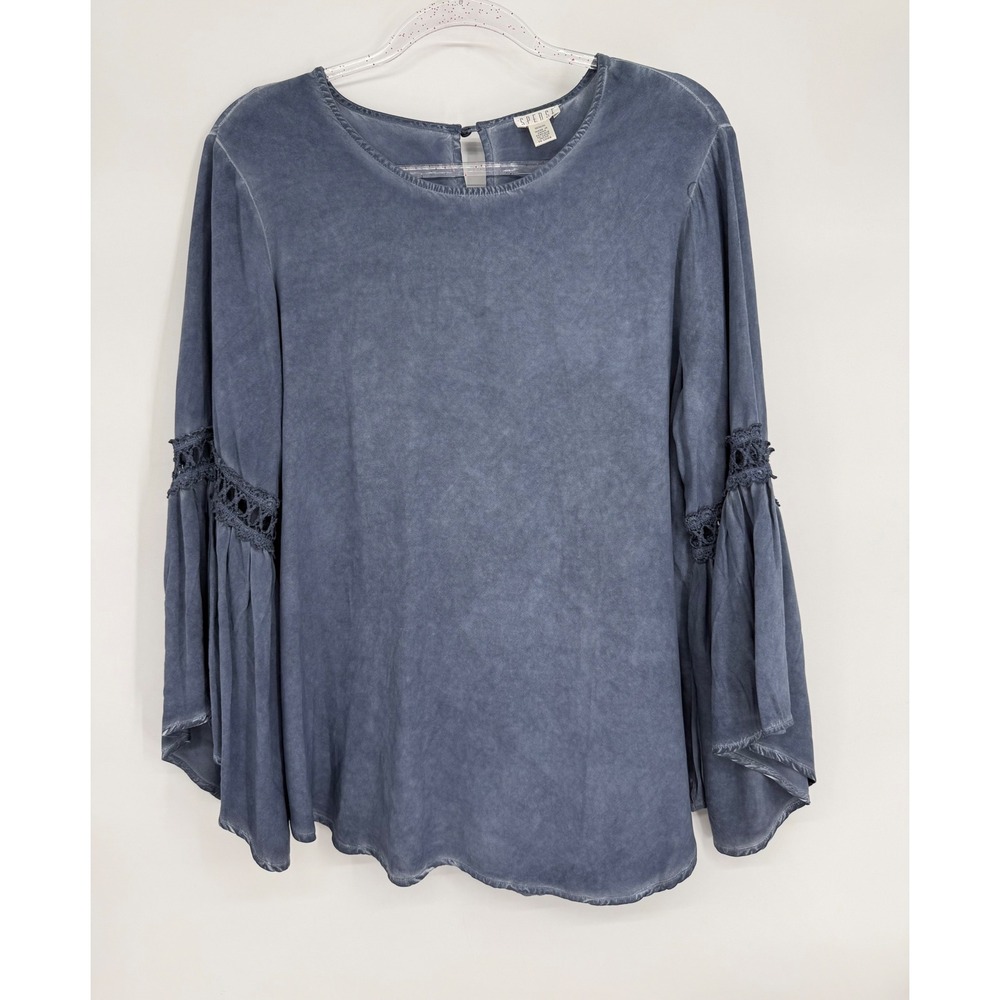 Spense Blue Bell Sleeve Boho Blouse Crochet Lace Inset Top Medium SP1004